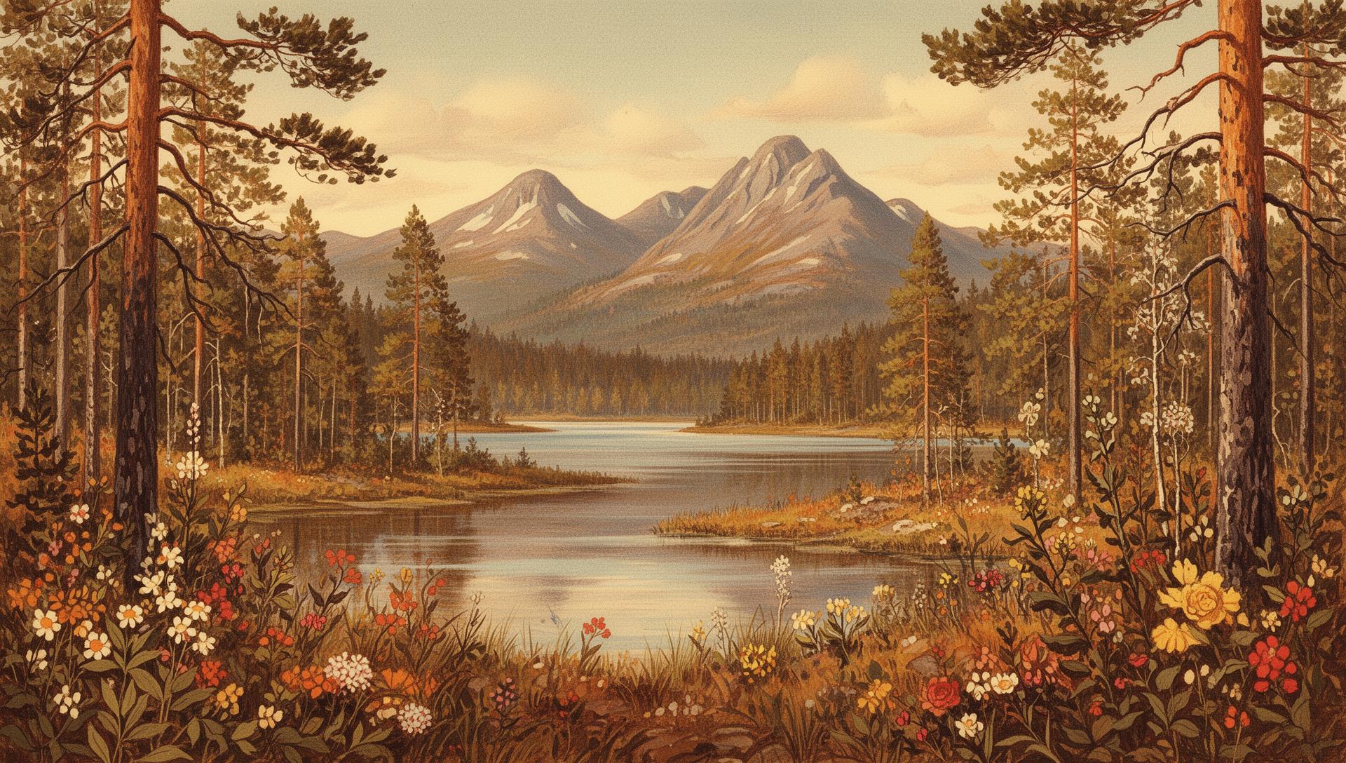 Nordic landscape with mountains, forest and lake